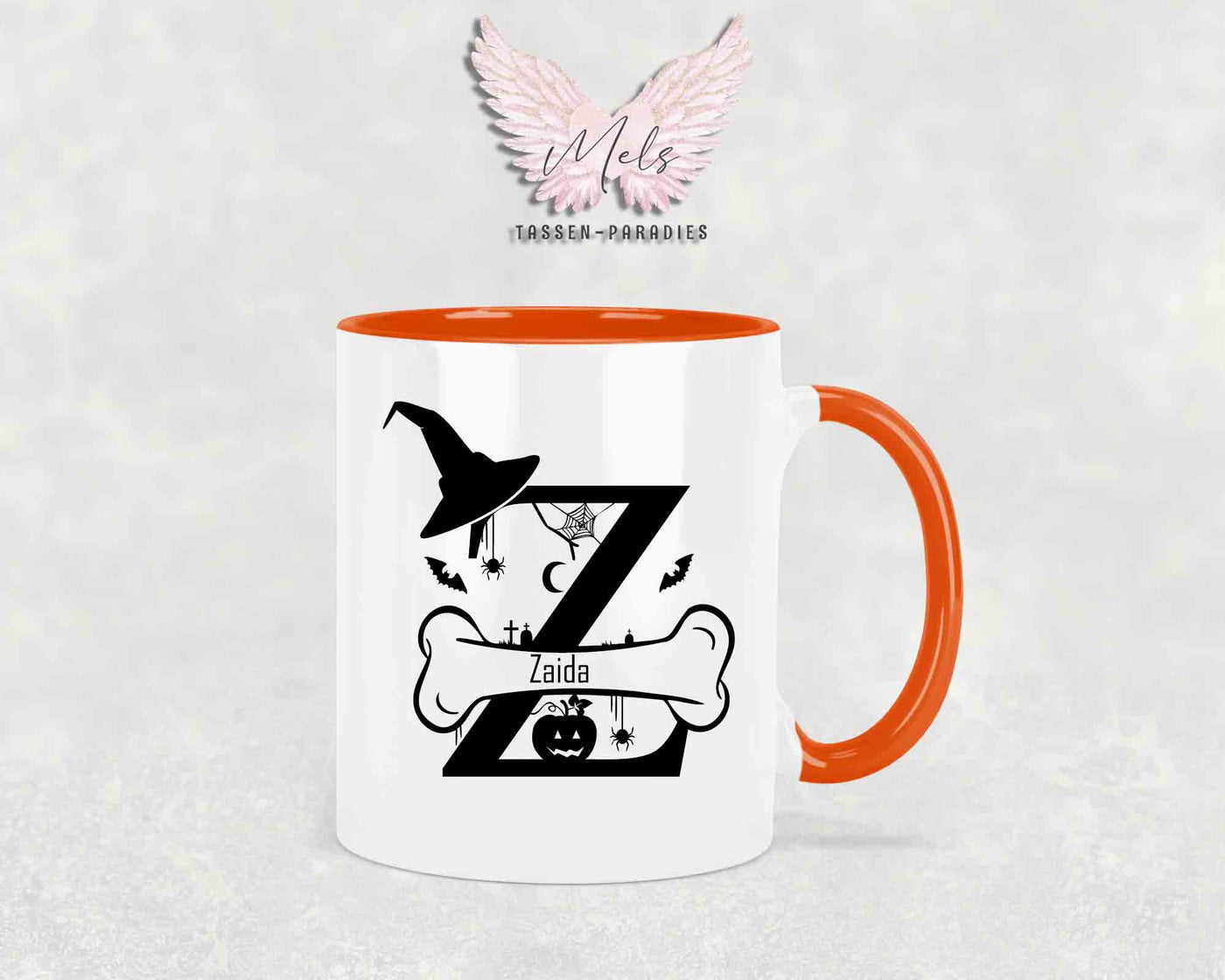 Halloween-Alphabet mit Name - Personalisierte Keramik-Tasse Orange