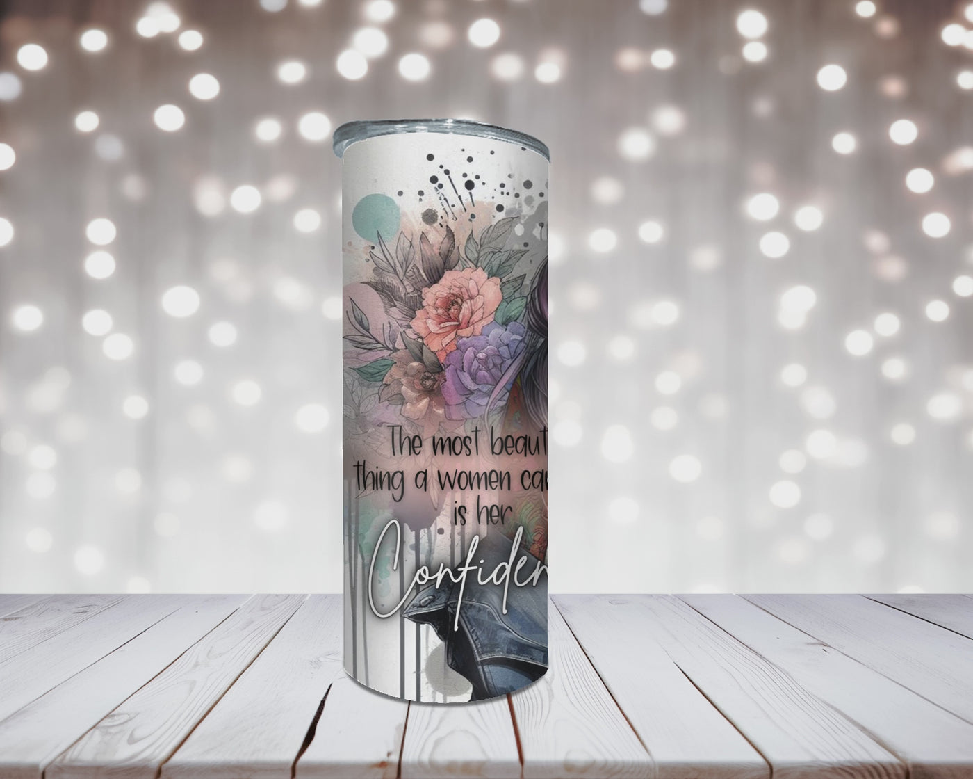 Thermobecher Woman tätowiert, Blumen und Spruch