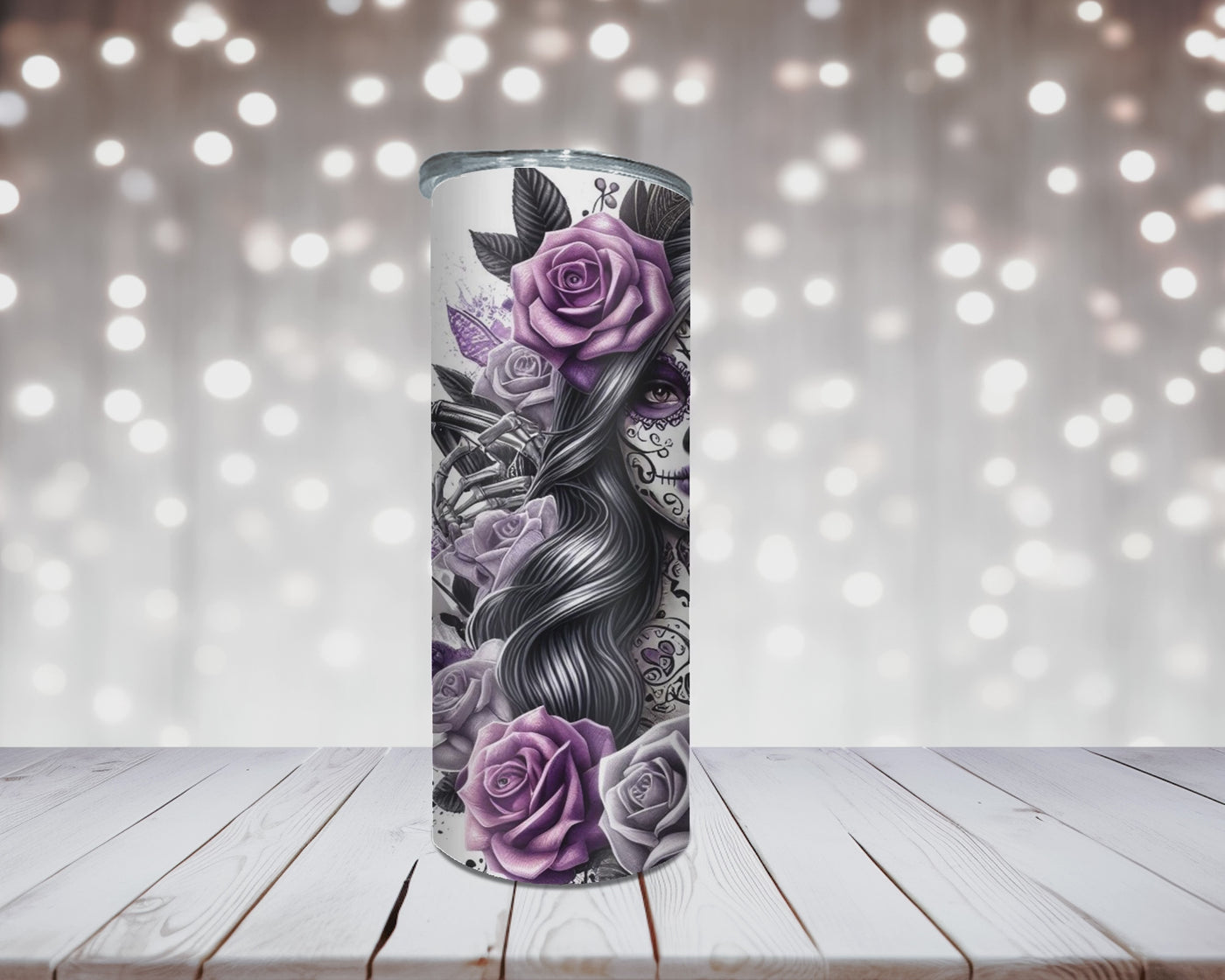 Thermobecher „Sugar Skull Paar, Rosen, Lila“