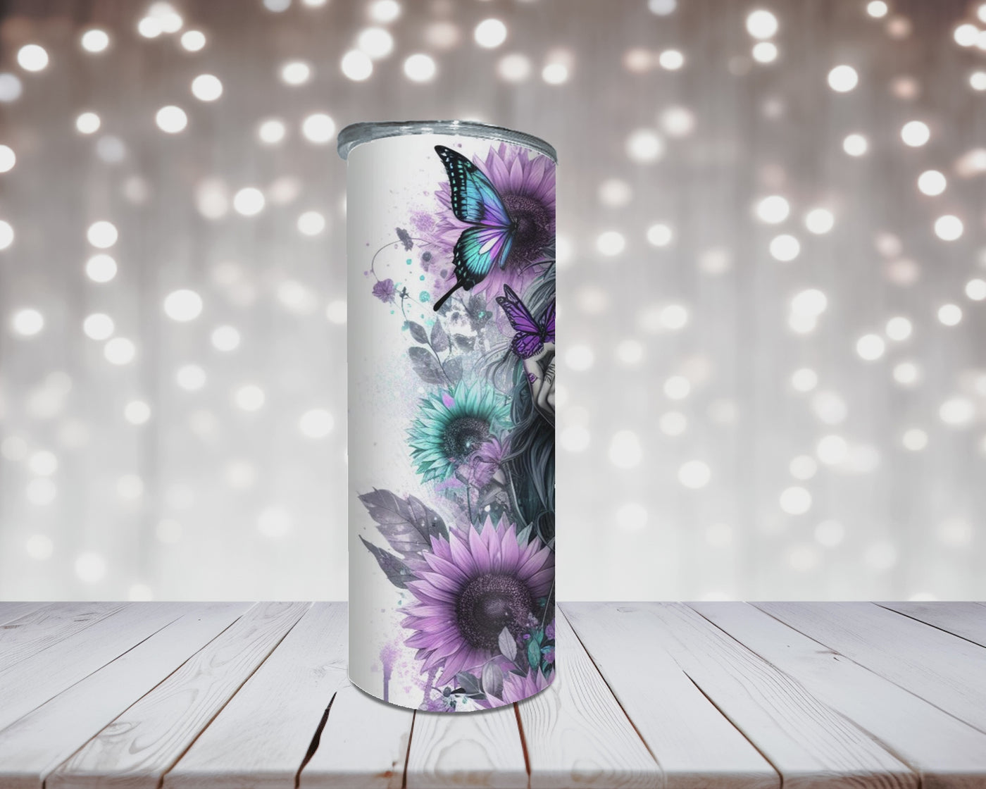Thermobecher „Woman Rosen, Schmetterling und Sonnenblumen Türkis/Lila“