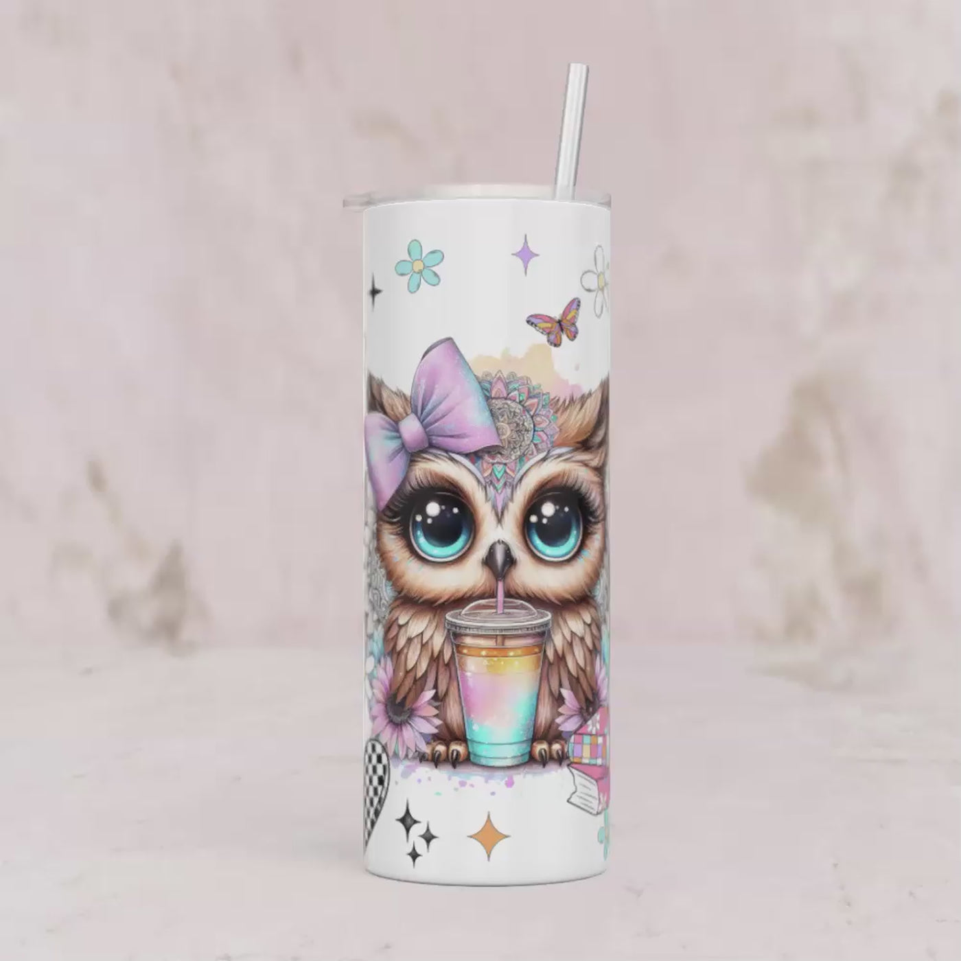 Thermobecher Eule mit Sternen, Blumen & Büchern