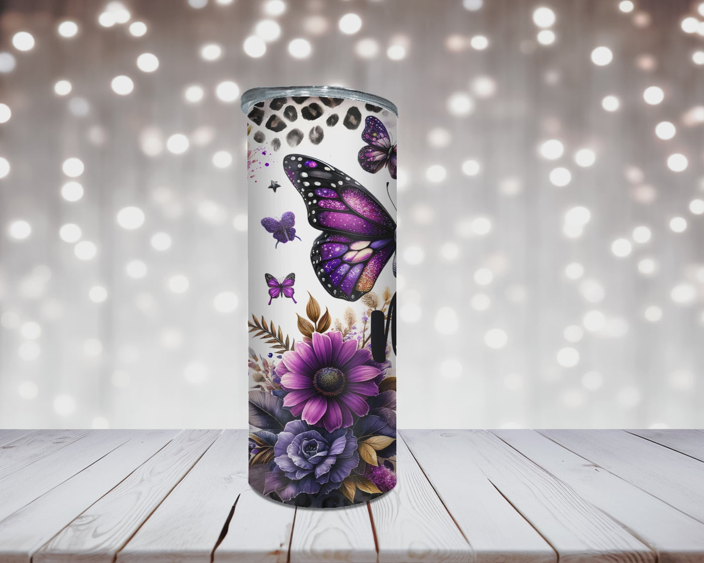 Thermobecher Mama mit Purple Blumen und Schmetterlingen
