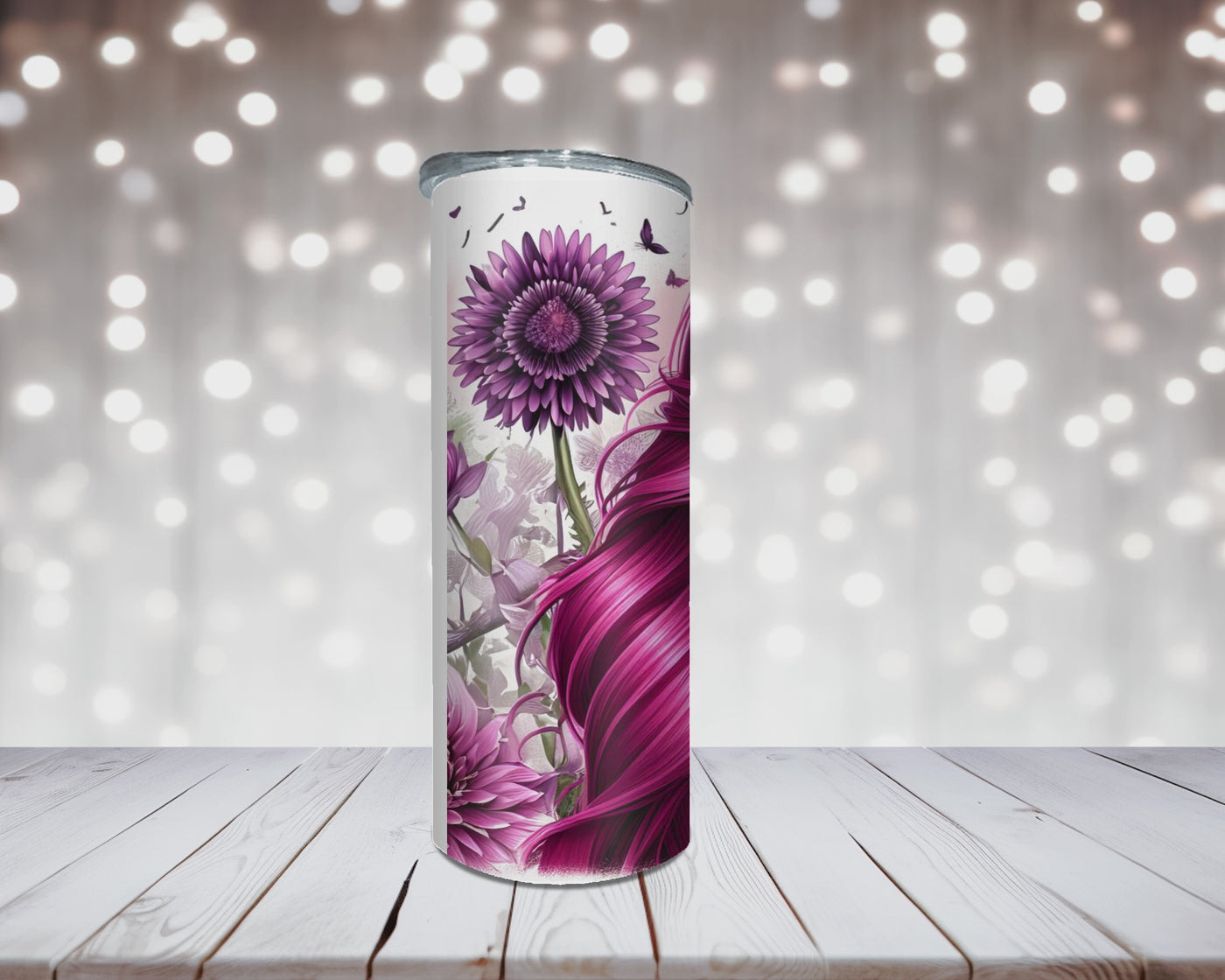 Thermobecher „Sugar Skull Girl, Pink und Blumen“