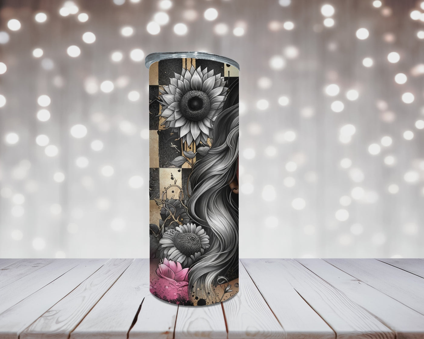 Thermobecher „Woman mit 2 Gesichtern und Blumen“