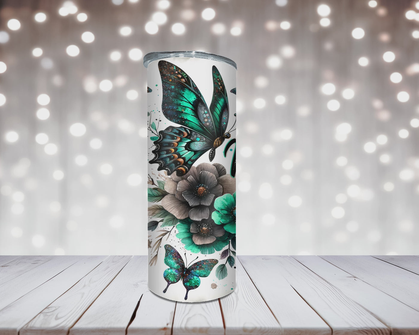 Thermobecher Mama mit grünen Blumen und Schmetterlingen