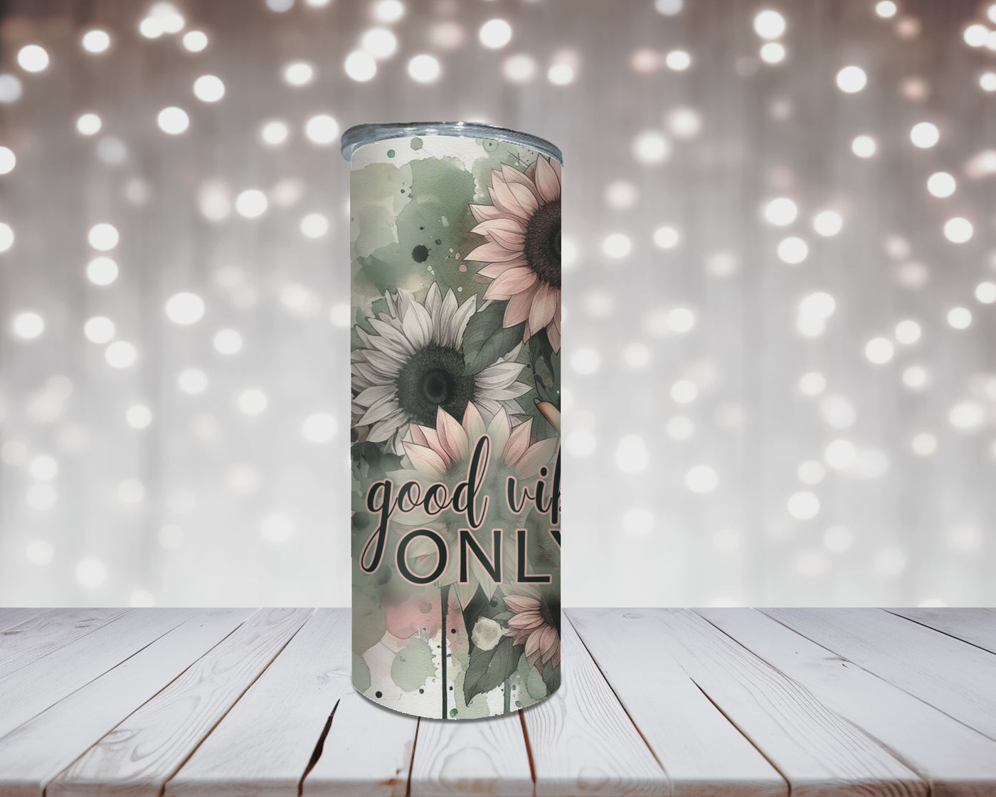 Thermobecher „Woman, Sonnenblume und Spruch Good Vibes Only“
