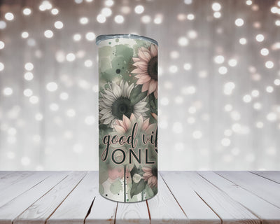 Thermobecher „Woman, Sonnenblume und Spruch Good Vibes Only“