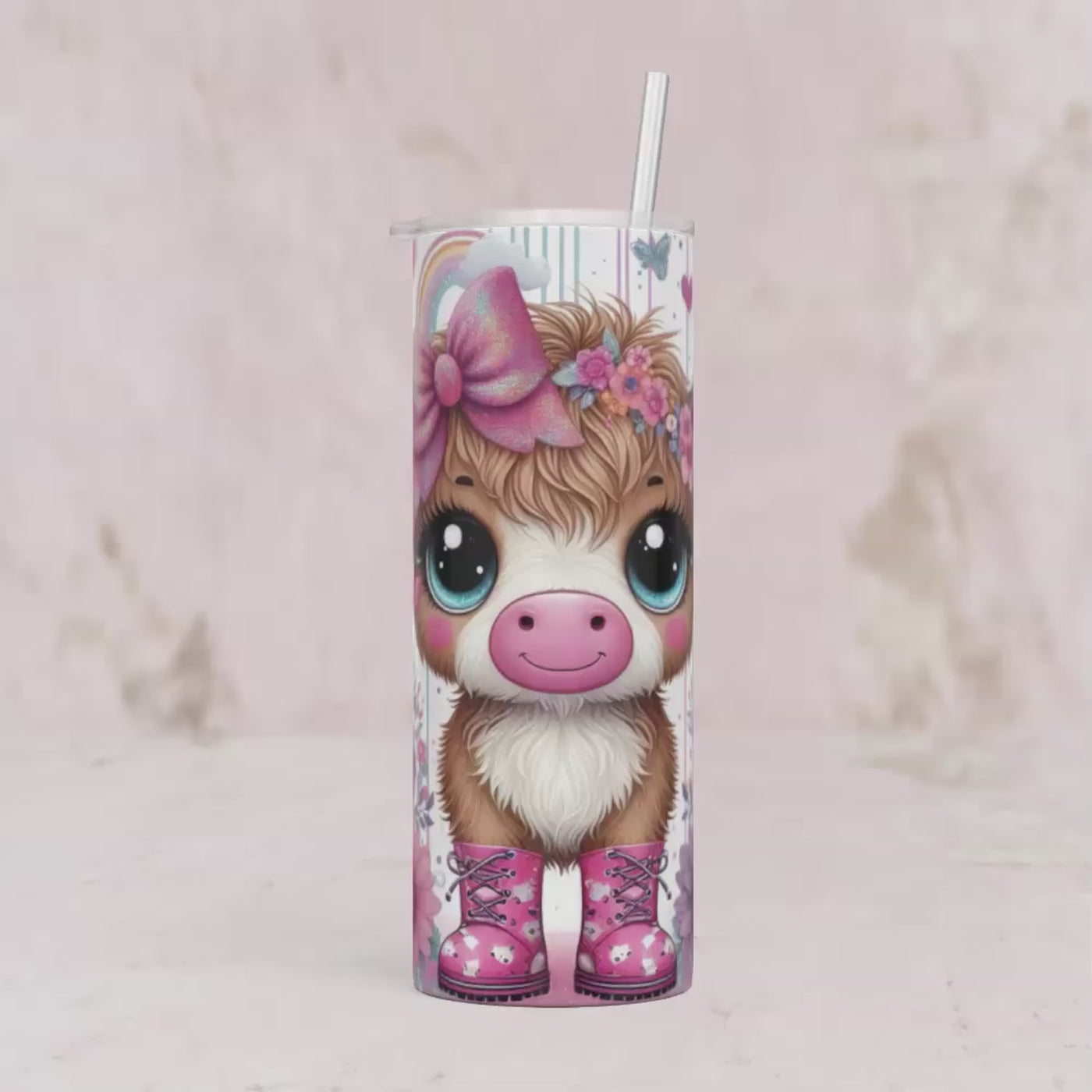 Thermobecher Baby Kuh mit Schuhen, Schleifen & Sonnenblumen