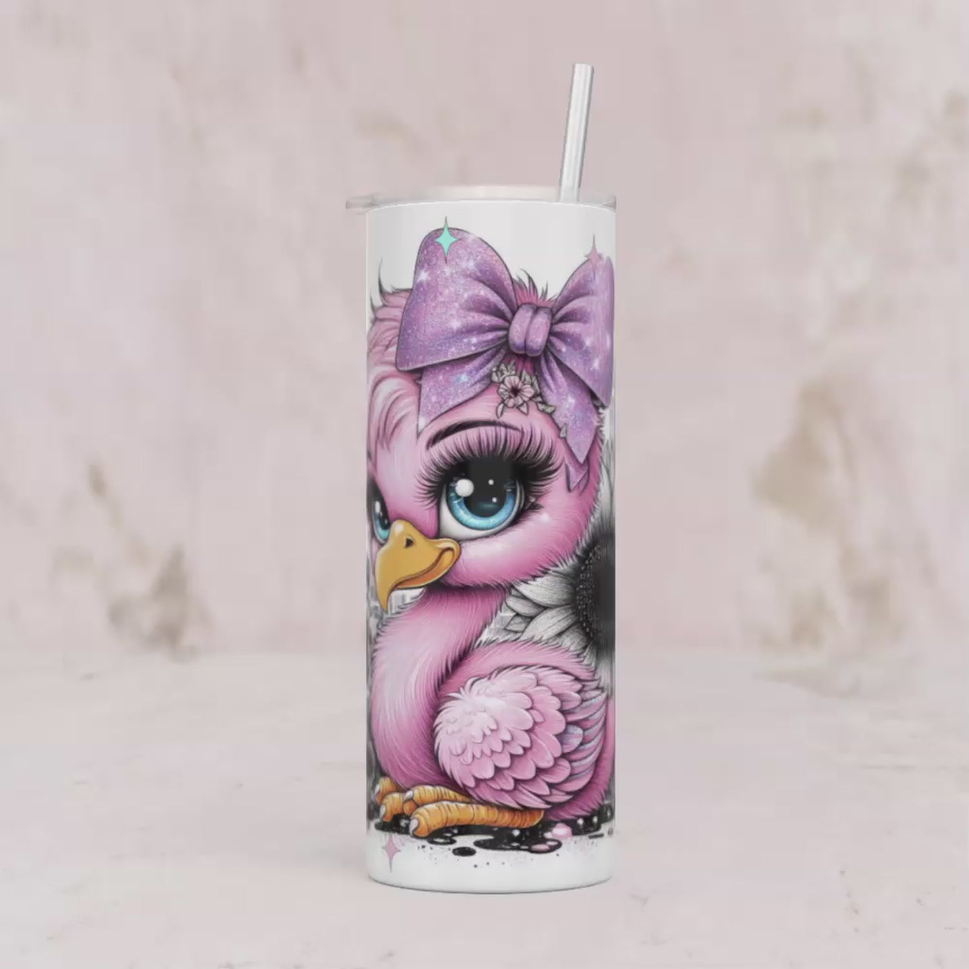 Thermobecher - Rosa Ente mit Schleifen, Sternen & Sonnenblume