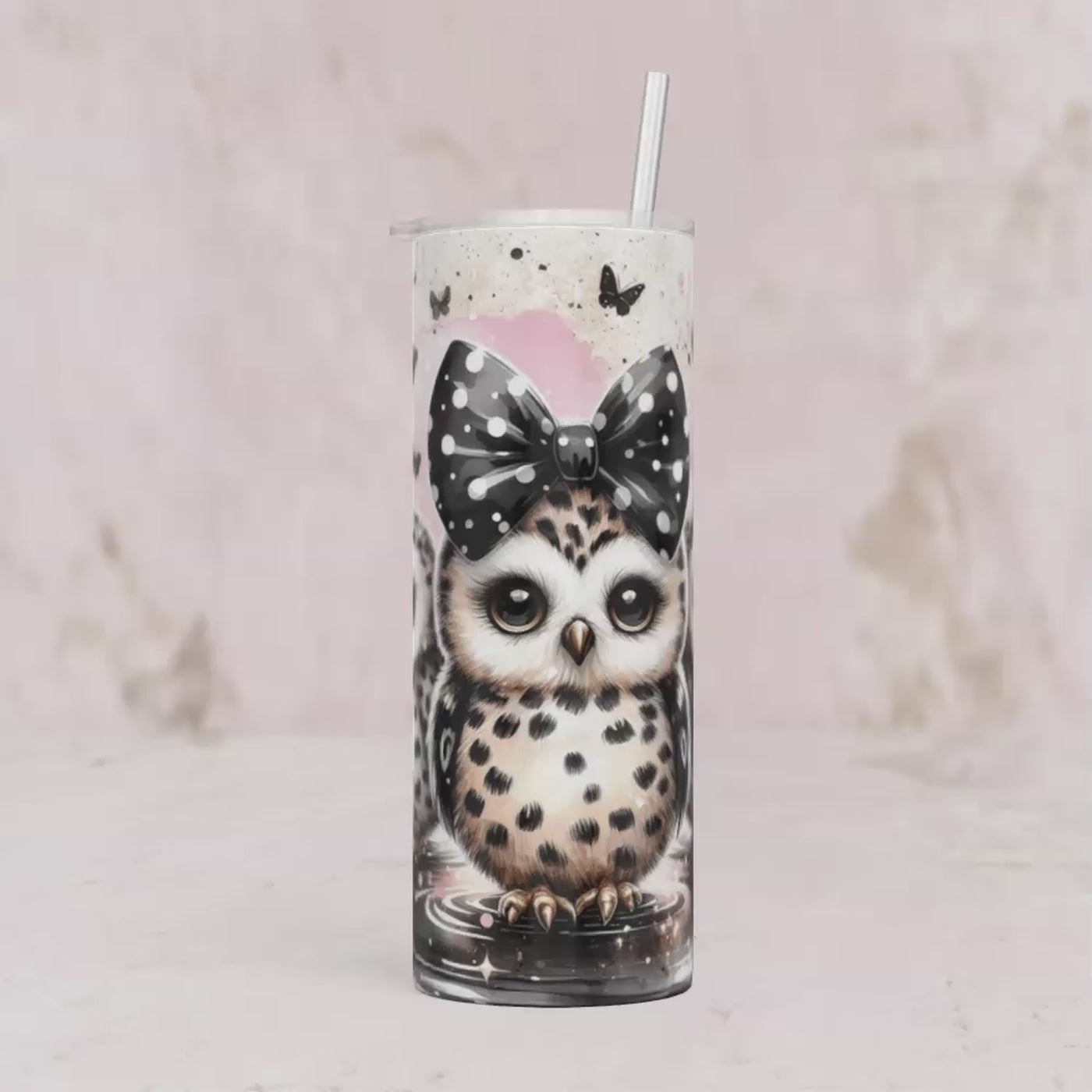 Thermobecher Drei Eulen mit Schleife & Schmetterling