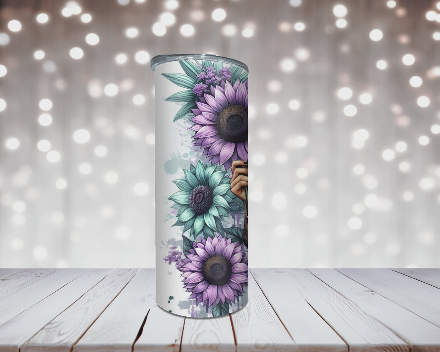 Thermobecher „Woman Mittelfinger und Sonnenblumen Türkis/Lila“
